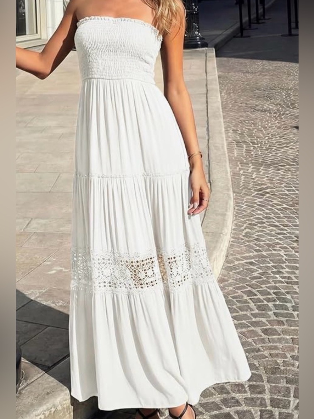 Smocked Strapless White Maxi Dress with Crochet Panel
